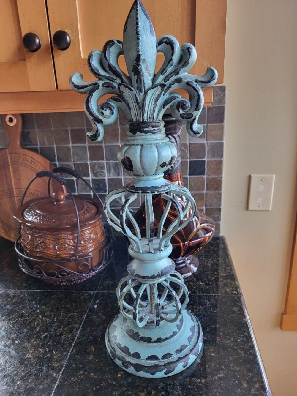 Decorative Tabletop Finial with Fleur-de-Lis top Teal/Antiqued Dark Finish